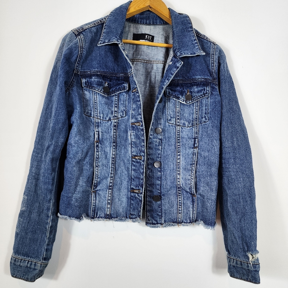 Kut From The Kloth Kara Denim Jacket Blue Raw Hem Casual Women's Medium - Picture 1 of 5